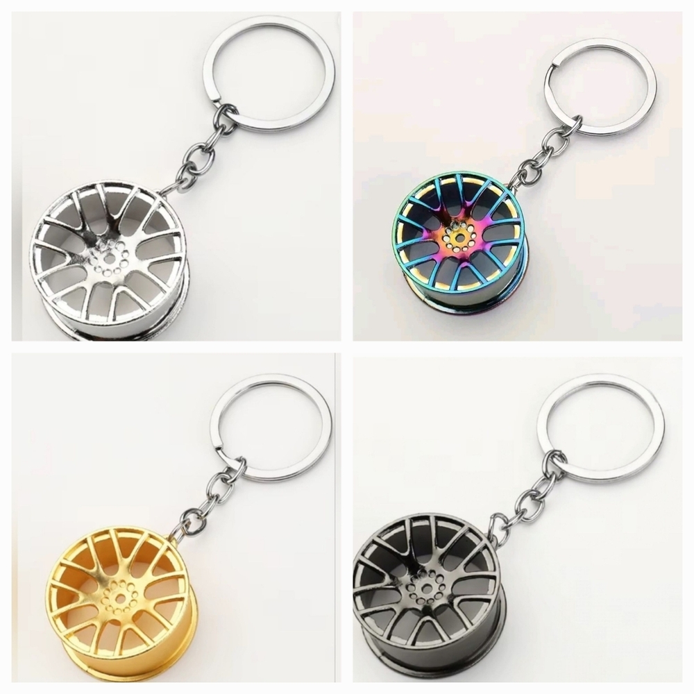 4 NEW Car Wheel Rim Keychains Gunmetal, Gold, Silver & Iridescent